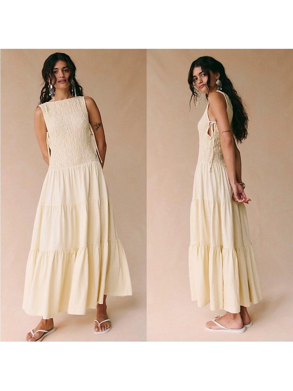 Free People Cream Smocked Bodice Tiered Maxi Dress